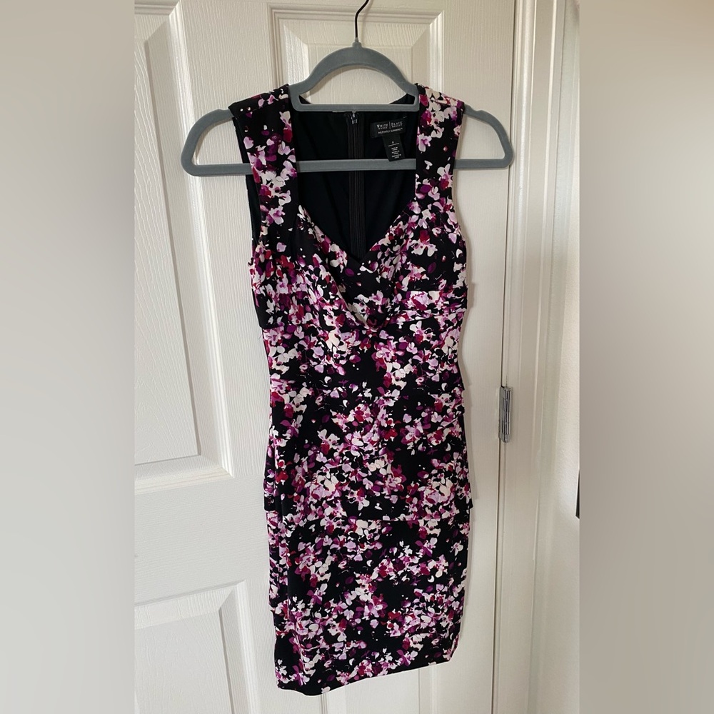 White House Black Market - size 0. Black dress with purple flowers design.